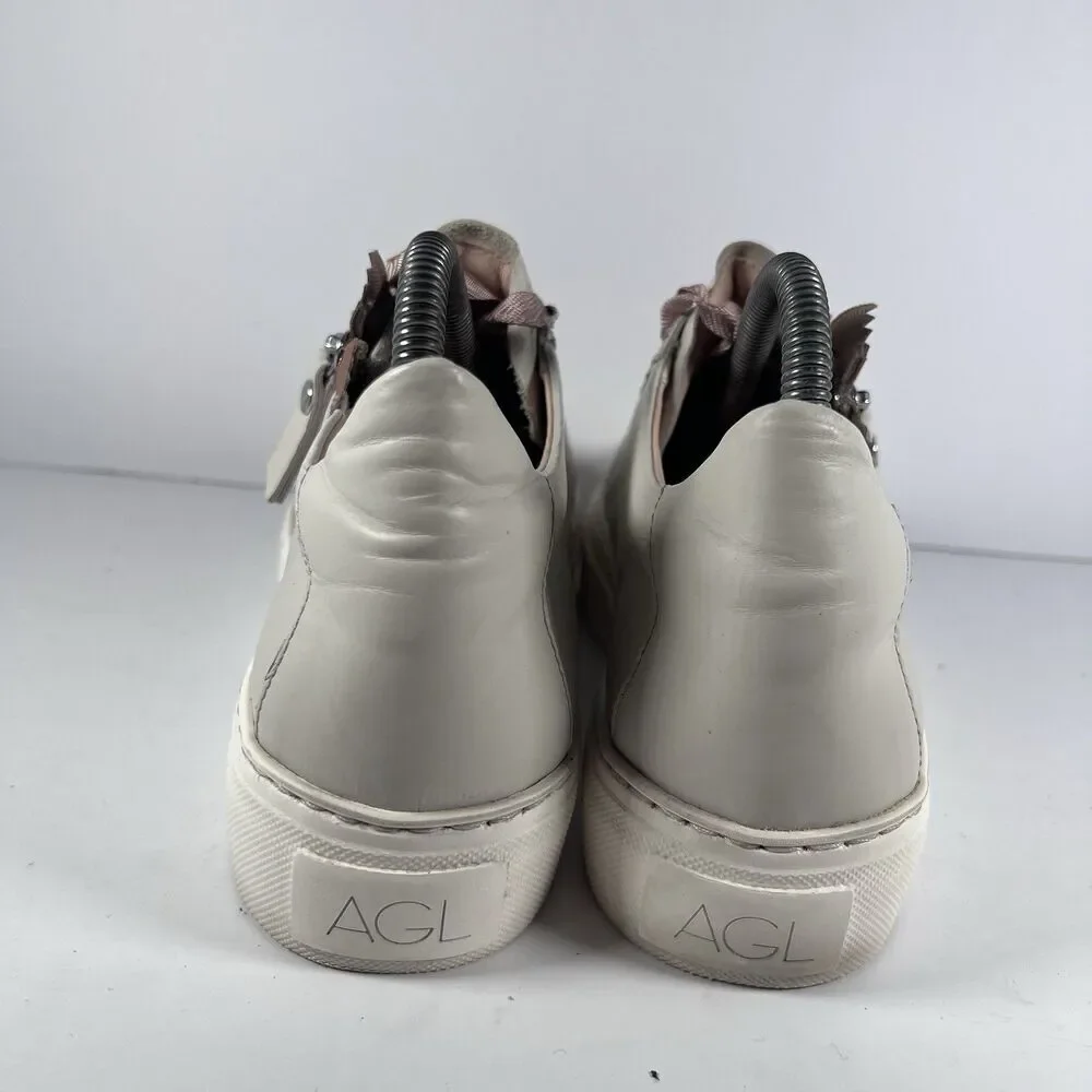 AGL D925233 Leather Platform Side Zip Satin Lace Sneakers EU 39 US 9